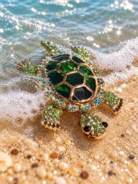 Green Turtle Brooch Rhinestone Gold Tone Pin Crystal Shell Sparkling Jewelry